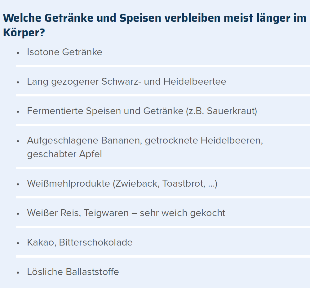 Tabelle: Welche Getränke und Speisen verbleiben meist länger im Körper?